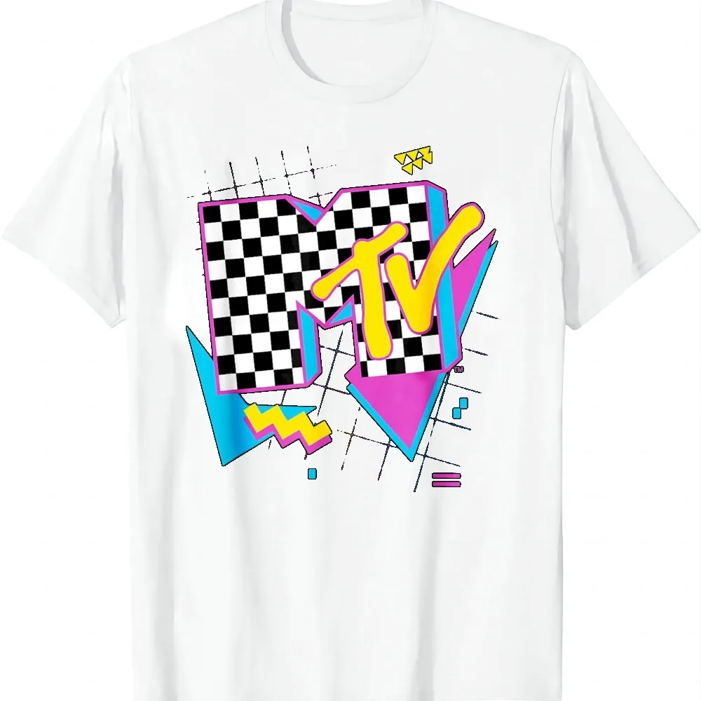 Retro Checkered Neon Shapes Music Television T-Shirt Vintage Clothes Tops Short Sleeve Tee Camiseta Streetwear Harajuku