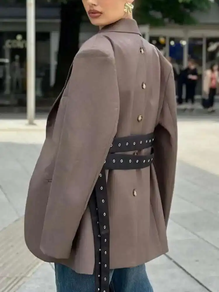 سترة كاجوال بحزام مقسم للتخسيس من KWTX للنساء بياقة مدببة وأكمام طويلة وزر مرقع سترات أنيقة للسيدات جديد 2025