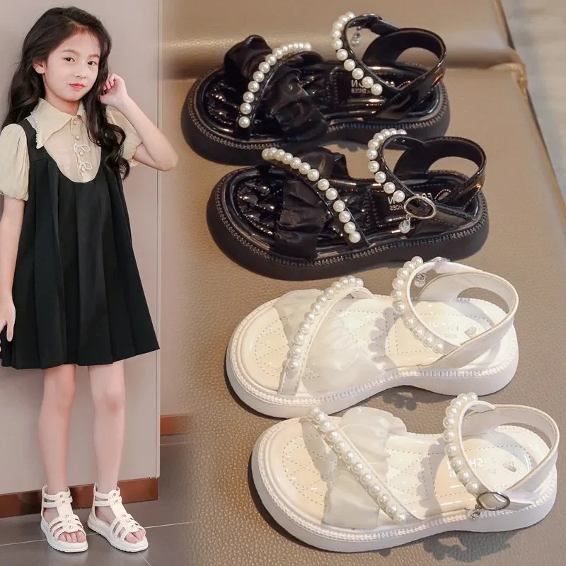 

23-36 2025 Children's Sandals for Girls Shoes for Kids Summer Soft Flat Heels Beach Princess Fashion Student Beading Beach Shoe
