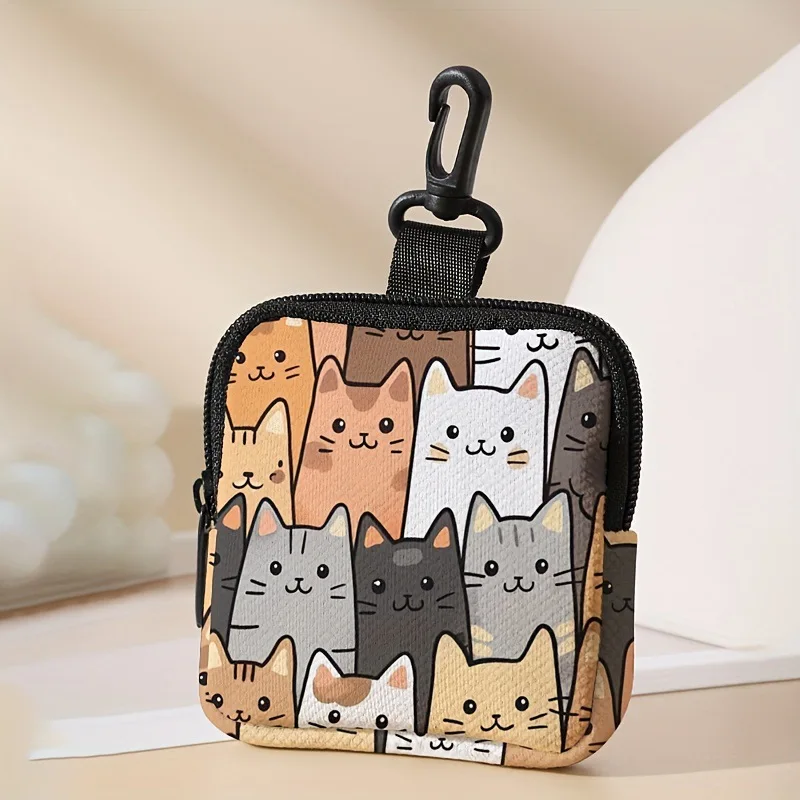 Cartoon Cat Printed Faux Leather Coin Purse Zipper Storage Bag Multi-functional Earphone Pouch