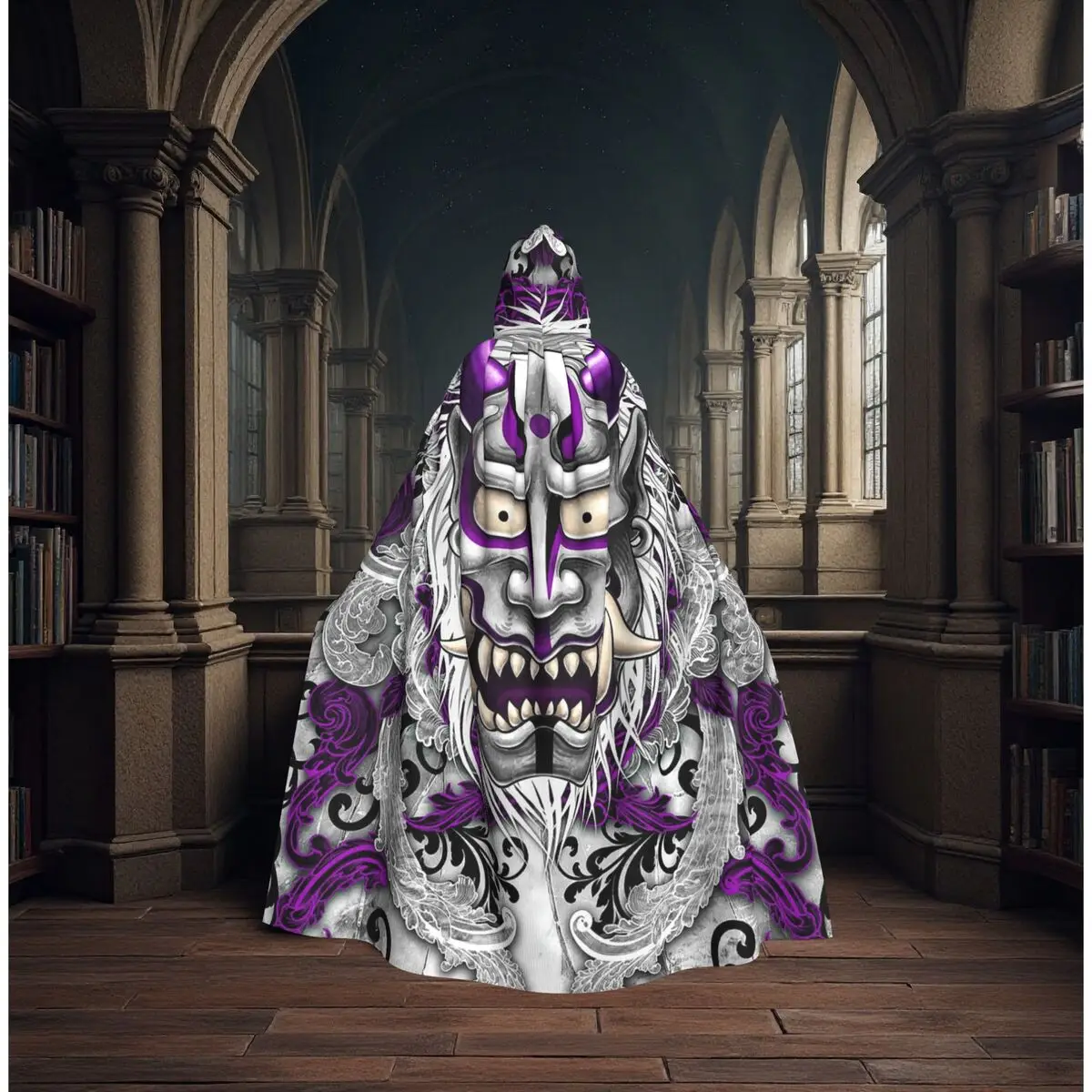 

Gothic Demon Horned Japanese-Inspired Mask Design Long Hooded Cloak Witch Medieval Costume Cosplay Cape HalloweenParty Unisex