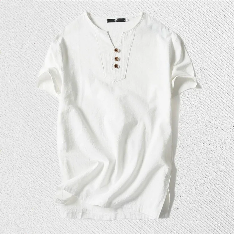 تي شيرت صيفي مقاس كبير للرجال من الكتان رقيق وفضفاض من القطن والكتان بأكمام قصيرة يسمح بمرور الهواء ويمتص العرق على الطراز ال...