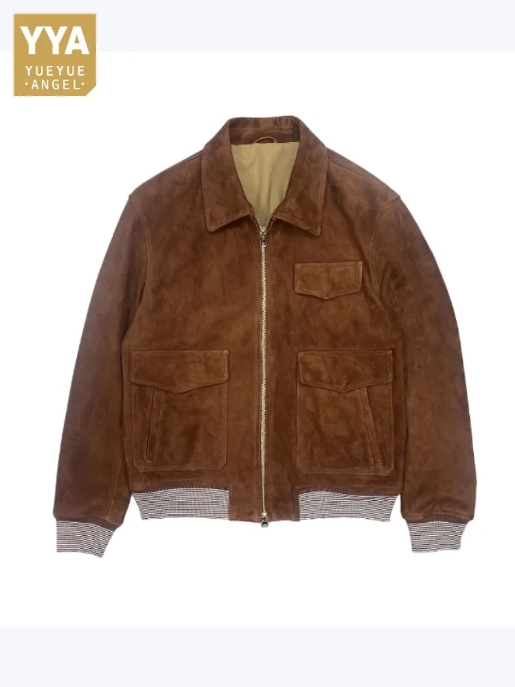 Men Luxury Classic Genuine Suede Bomber Jacket Turndown Collar Zippers Jackets Pocket Loose Fit Outerwear Real Sheepskin Coats