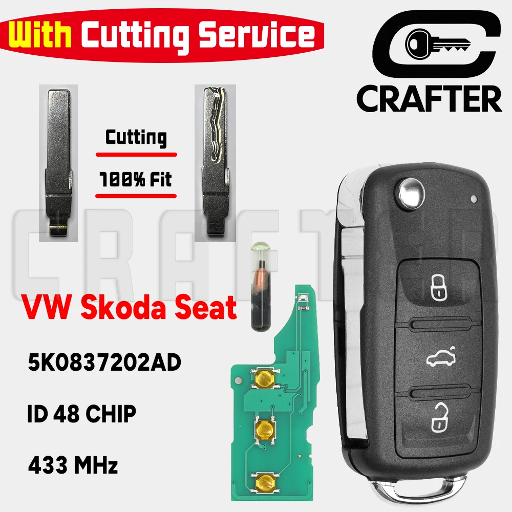 Key Crafters 5K0837202AD 434MHz ID48 CHIP Flip Remote CarKey Fit VW Volkswagen Polo Golf Passat Tiguan Skoda Seat Key Cutting