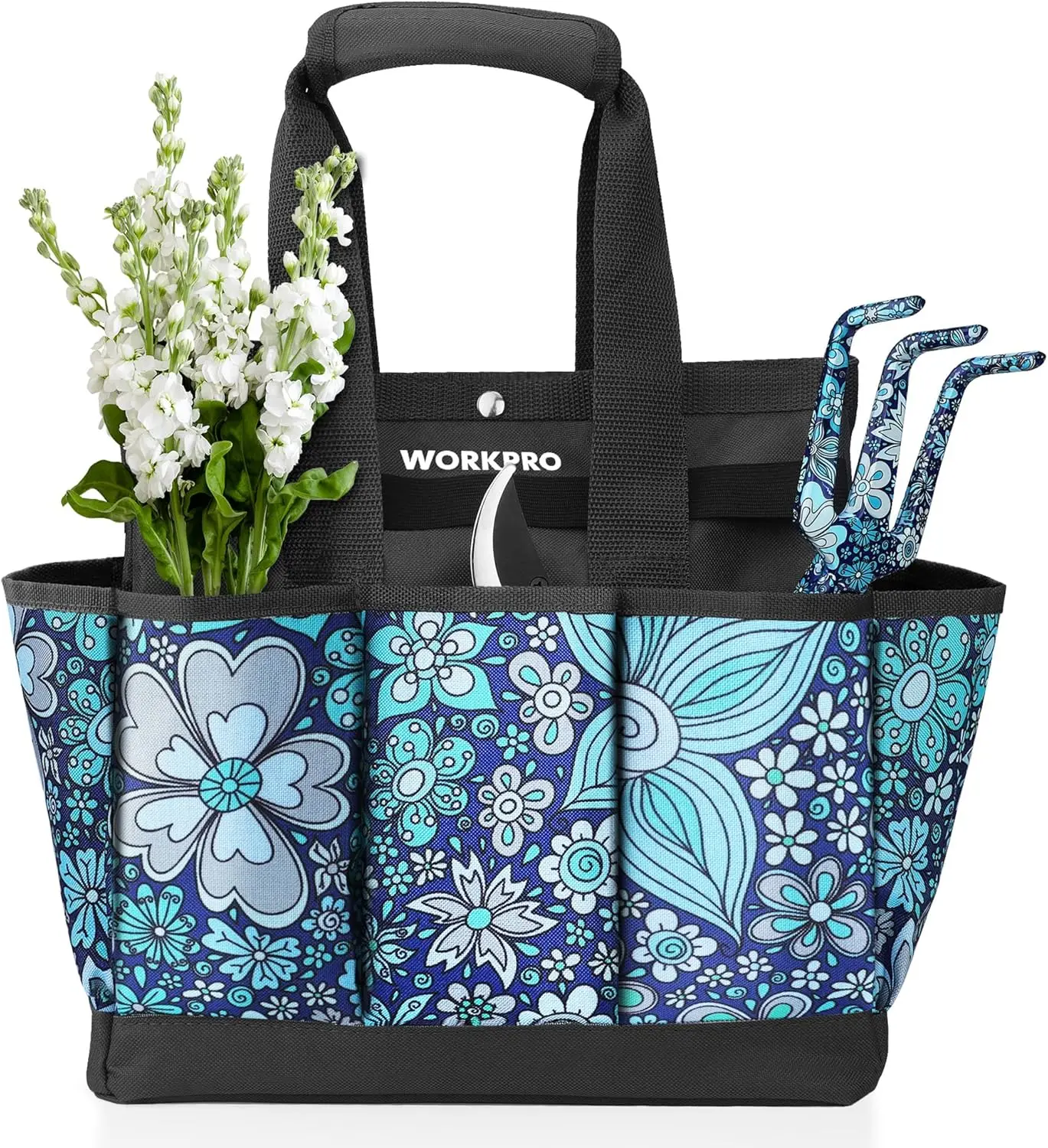 

9 Pocket Garden Tool Bag, Heavy Duty Oxford Tote Caddy, 12x12x6 inch, Floral Blue