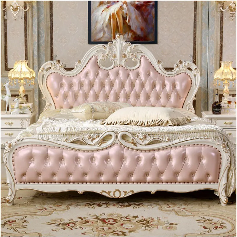 Antique Luxury Upholstered Leather Fancy wood Leather bedroom furniture wholesale price hand-carved flowers king queen size bed