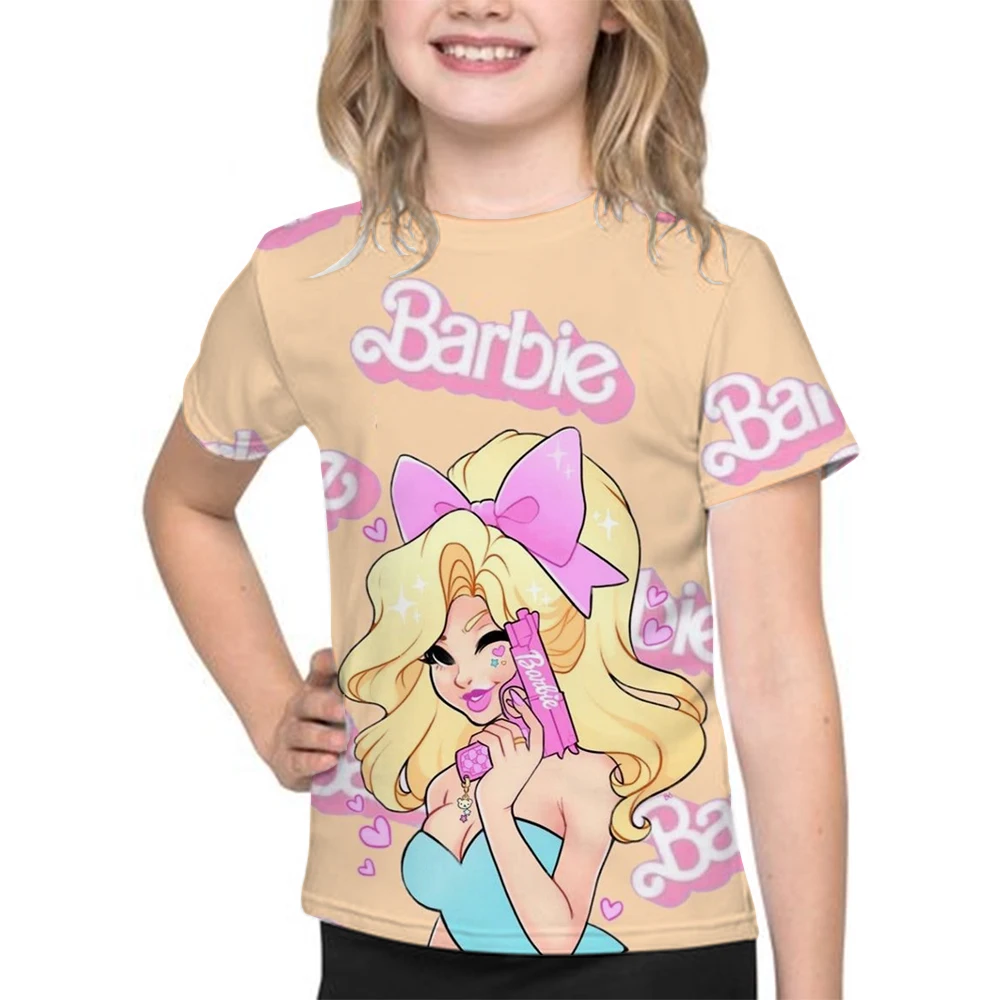 T-shirt manches courtes pour fille, estival et décontracté, avec impression de dessin animé Barbie, 2024