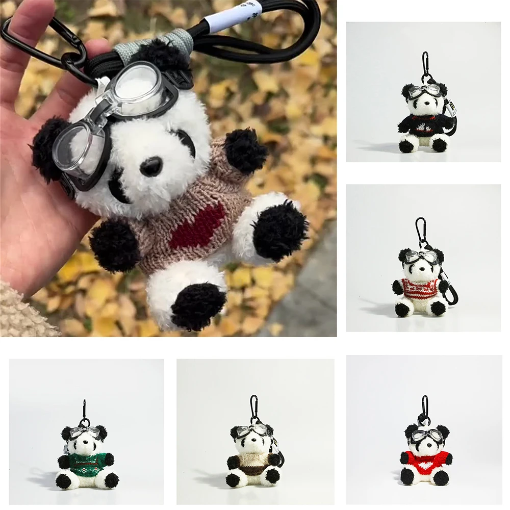 Pilot Panda Key Chain Cute Knitted Plush Doll Car Key Chain Creative Bag Pendant Girl Gift Creative Doll Sunglasses Stuffed Doll