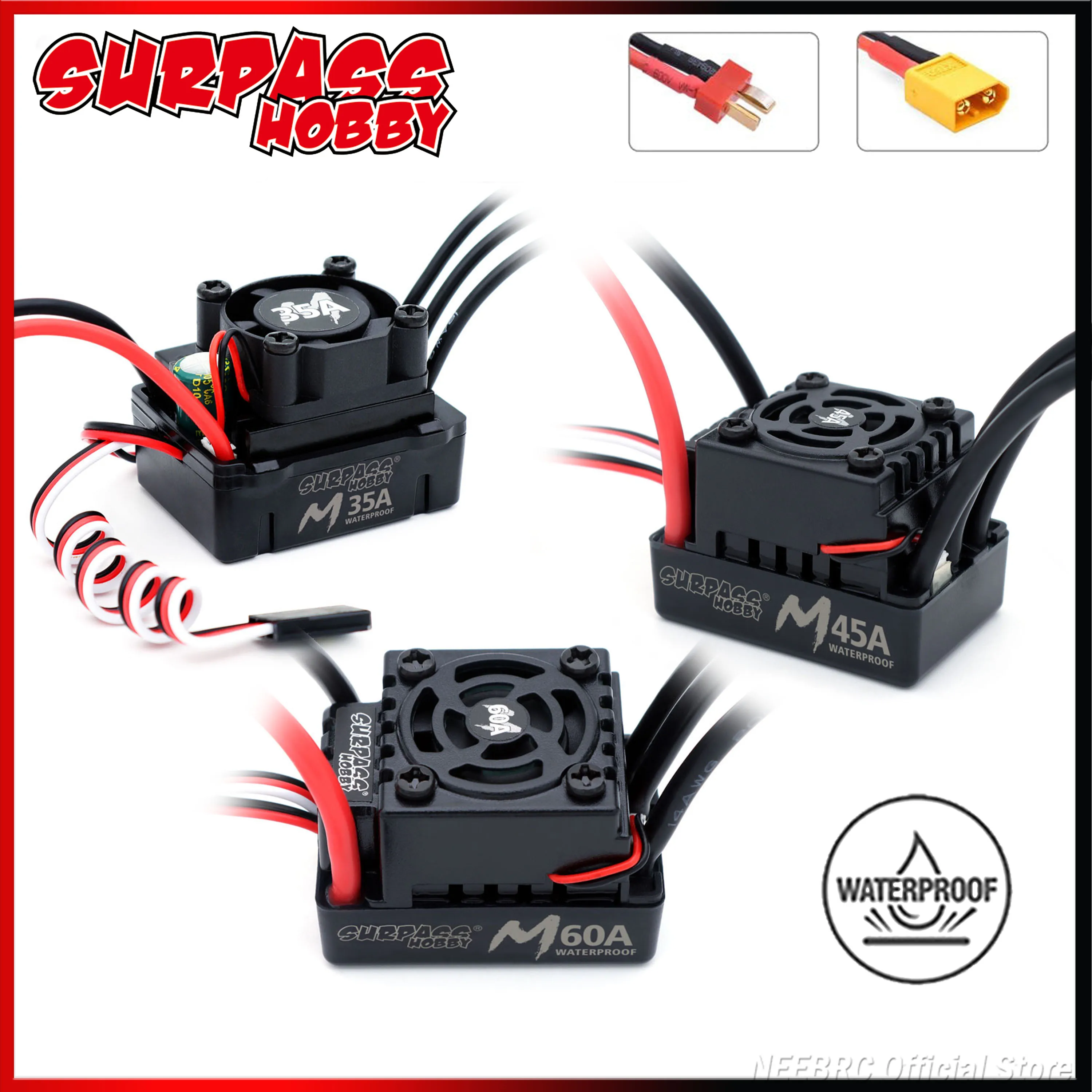 

Surpass Hobby M Series 35A 45A 60A Waterproof Brushless ESC 2-3S for 1/10 1/14 RC On/Off-road Buggy Monster Car 3650 F540 Motor