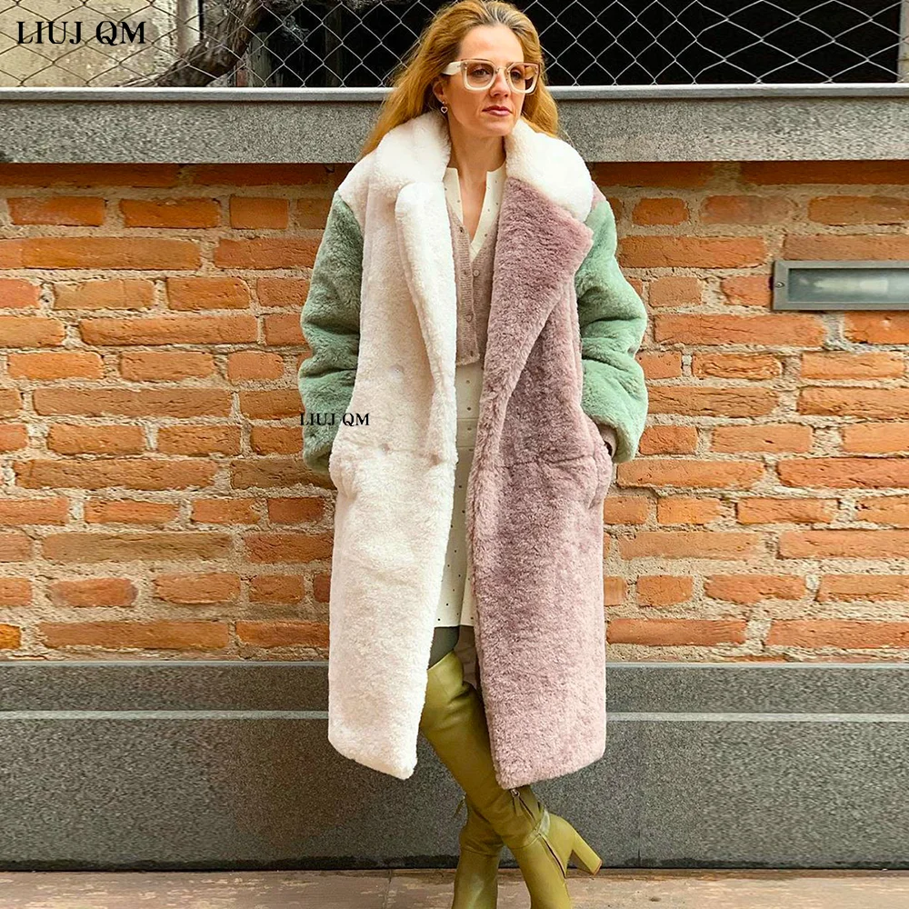 Patchwork Women Autumn Winter Warm Fur Outerwear Fashion Loose Faux Fur Rabbit Long Plush Jacket Casual Thickened Fur Coat 2023