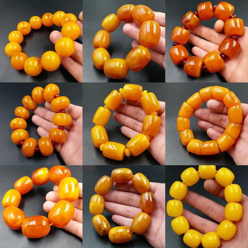 Large men's hand string beeswax bracelet chicken oil yellow beeswax color bucket bead round hand string beeswax amber jewelry