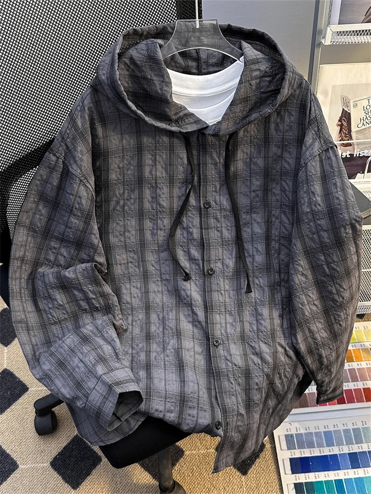 Lightweight Summer Plaid Shirt Men's Long Sleeve Bubble Cloth Hooded Casual Loose Fit Lazy Style Coat Sun Protection Outerwear