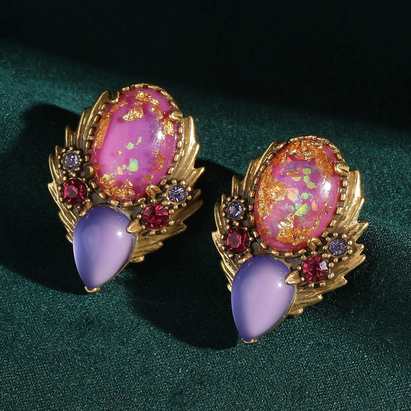 Vintage Violet Gold Foil Flower Crystal Earrings For Woman Antique Art Deco Jewelry Color Luxury Designer High Quality Gift
