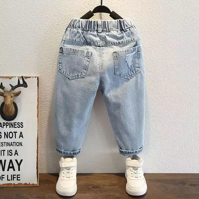 Boys Jeans for Children\'s Wear Spring and Autumn 2024 New Baby Fashion Korean Fit Long Pants for Children\'s Hole Jeans 2-9Y