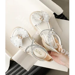 Zapatos de princesa con diamantes de imitación para niñas, sandalias de vestir con lazo para niños, Sandalias planas de playa para niños, sandalias elegantes para fiesta, envío gratis