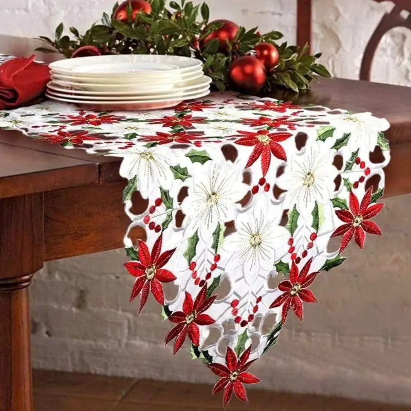 

H55A Red Table Linens Table Runner Holly Poinsettia for Living Room Kitchen Home for Christmas Decorations Gift for Household