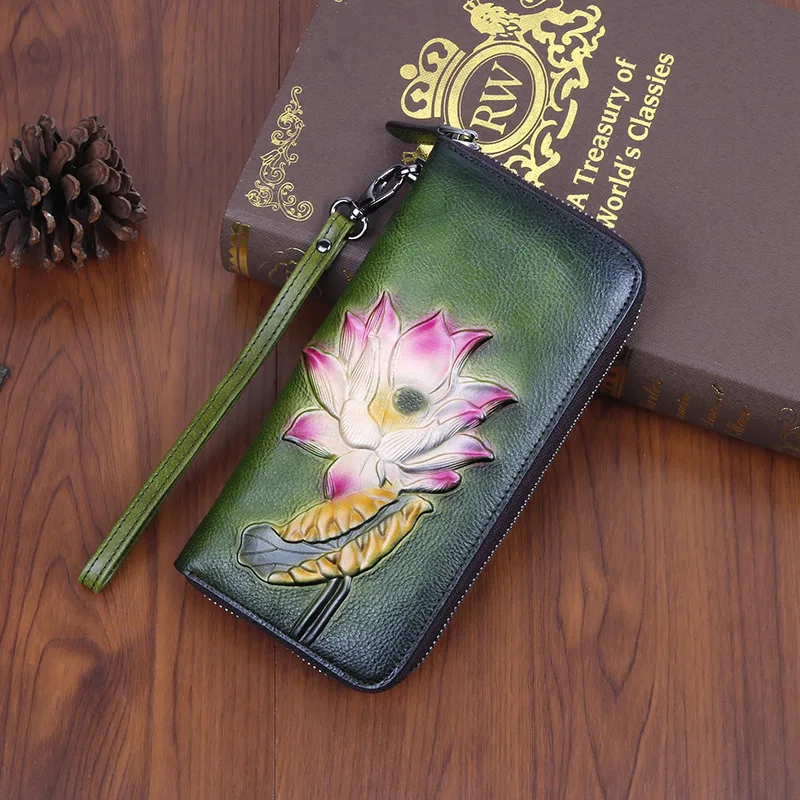 Top layer cowhide ladies' wallet, retro color rubbing, multiple slots, mobile phone storage, long wallet
