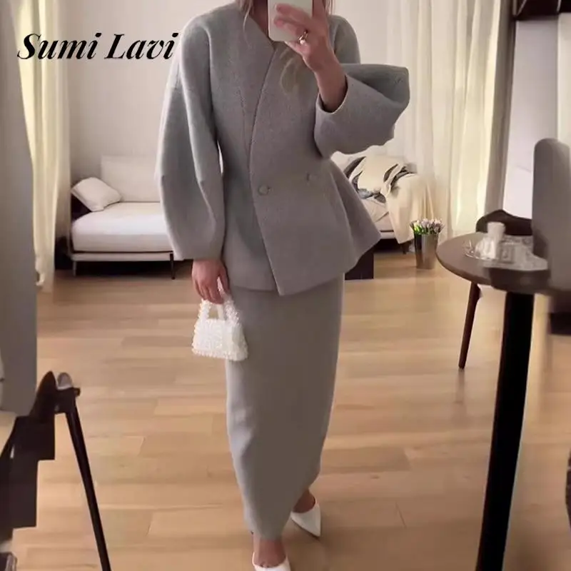 Women Casual Puff Sleeve Banquet Outfits Office Fashion Commuter Solid 2Pc Sets Sexy V-neck Button Waist Top & Long Skirt Suits