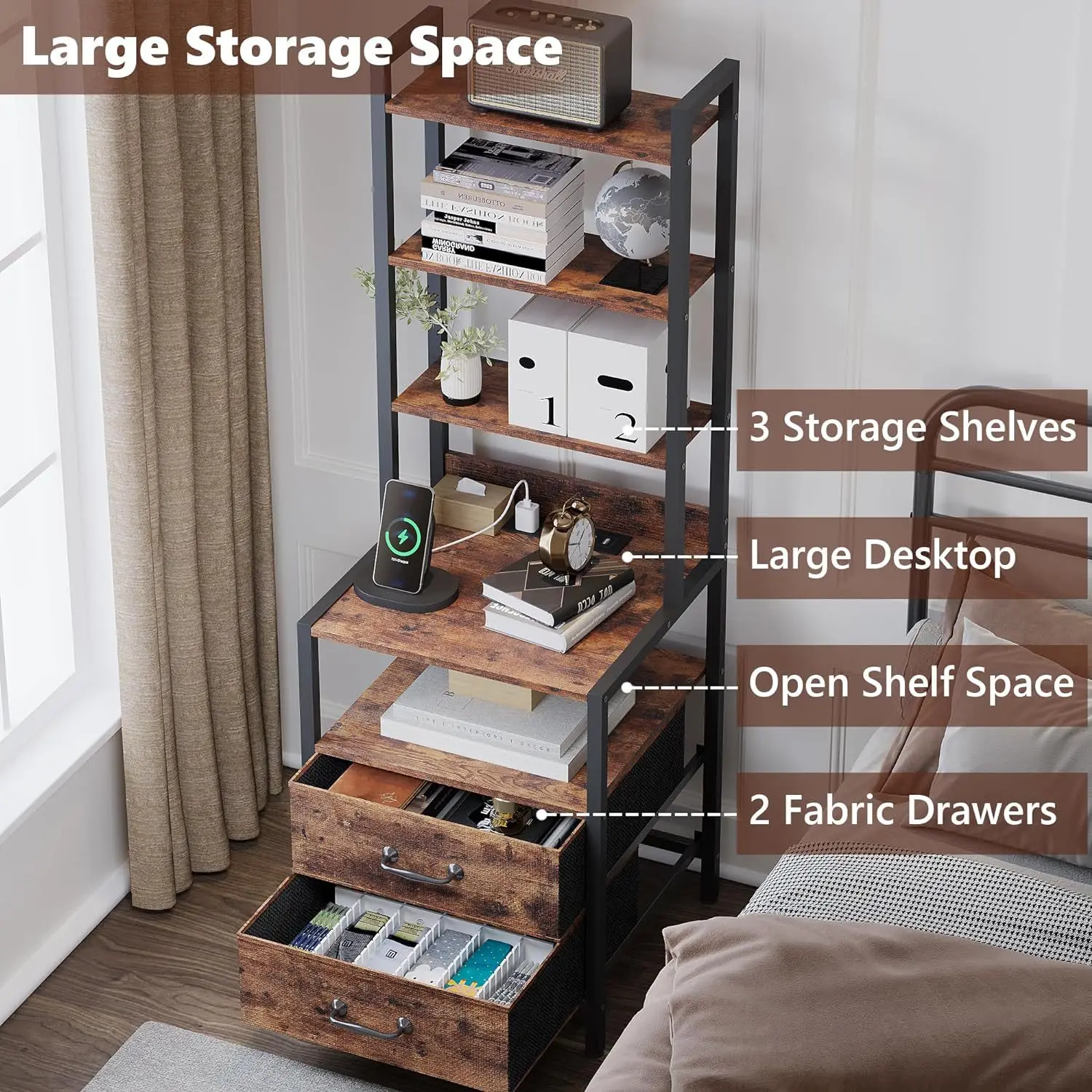 Multifunctional High Bedside Table with Charging Bedroom Bookshelf with 5 Layer Drawer Locker