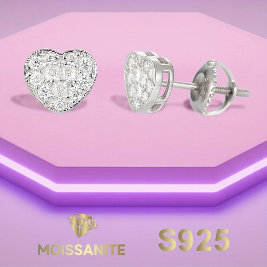 

925 Sterling Silver Heart Earrings Full Moissanite Stud Earring for Women with Gra Certificate