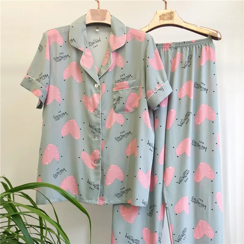 UHYTGF Spring Summer Pajamas Women's Short Sleeve Printed Cotton Silk Thin Home Clothes Sleepwear Female Trousers Nightgown 2502