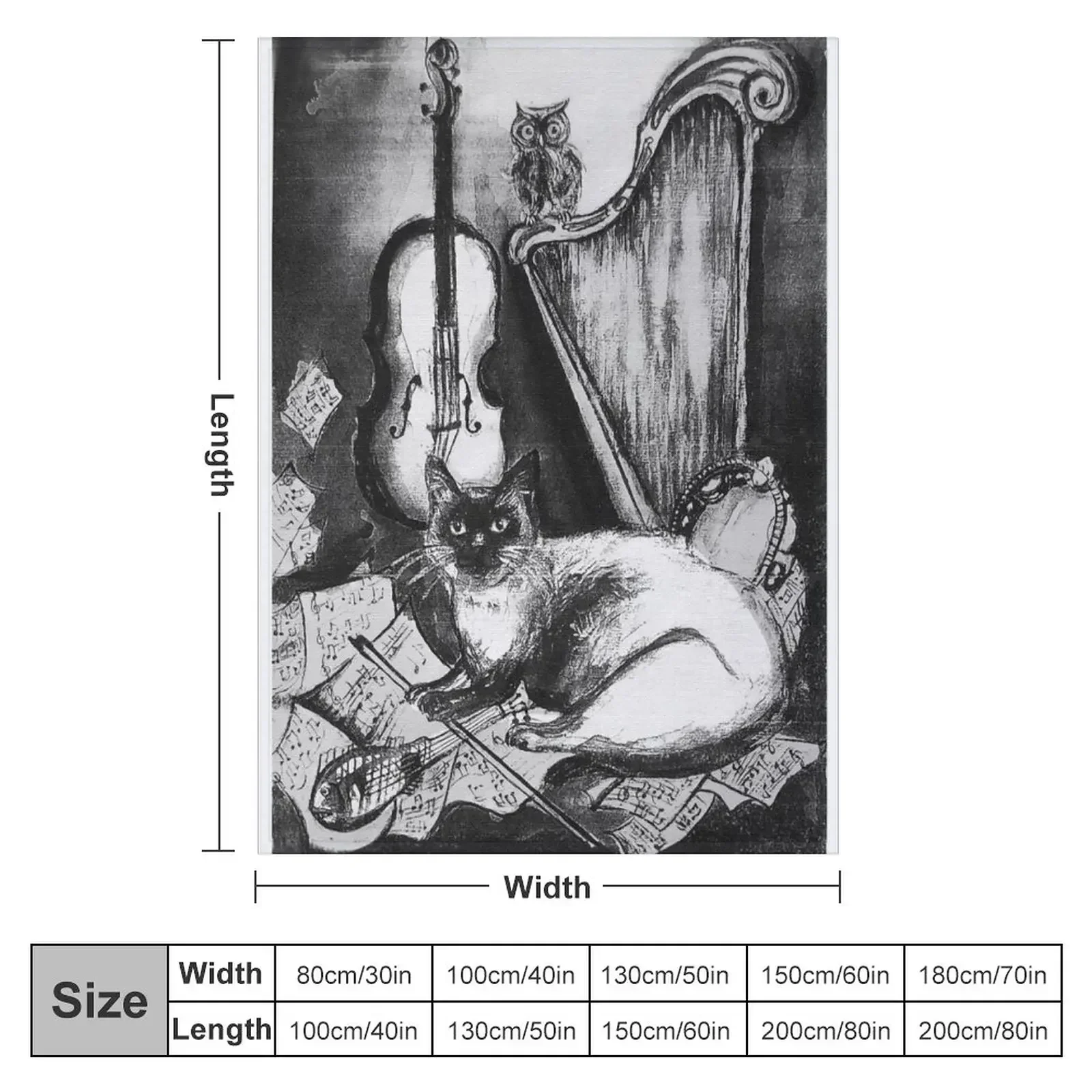 MUSICAL CAT AND OWL WITH MUSIC INSTRUMENTS Black and White Throw Blanket couch cozy soft plush fuzzy picnic outdoor blanket