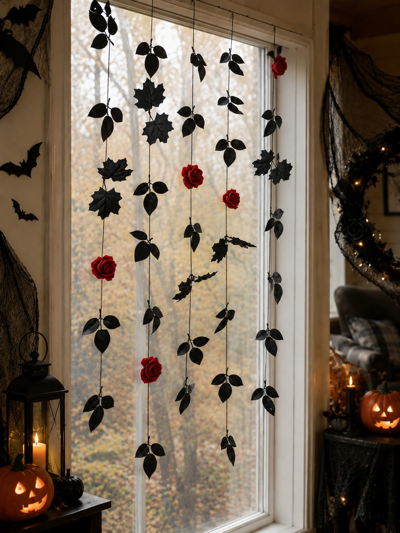 Halloween Gothic Hanging Garland, Artificial Red Rose & Black Maple Leaf String Curtain, Dark Floral Window Doorway Home Decor