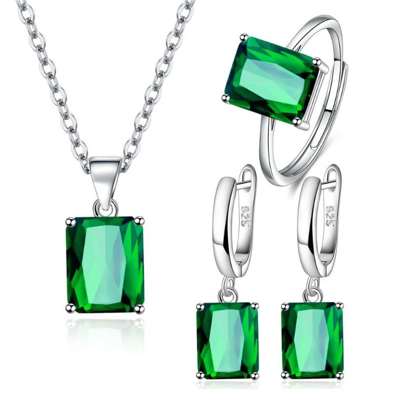 Rectangle Green Simulated Nano Emerald 925 Sterling Silver Ring+Necklace+Earring Emerald Cut Gemstone Jewelry Set for Women Gift