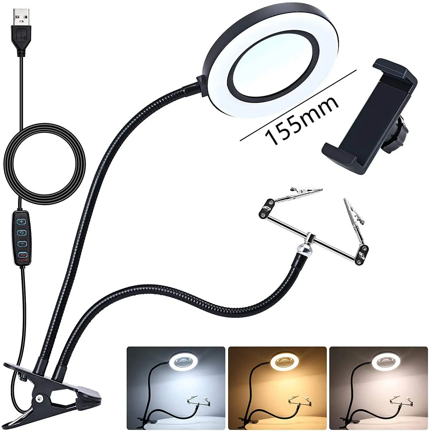 Loupe de bureau pliable avec lumières LED, loupe USB avec base pour la lecture, la réparation, le soudage, la lampe de bureau