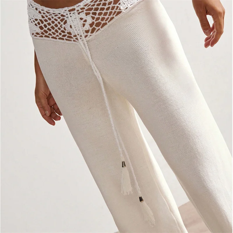 Summer Beach Knit Pants Women Sexy Hollow Out Crochet High Waist Long Trouser Swimwear Female Swimsuit Bikini Cover-up Sunscreen