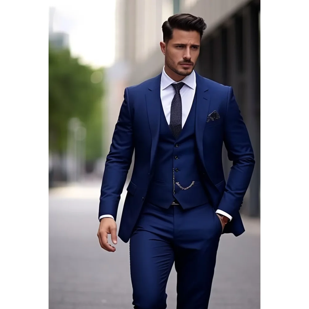 Dark Blue Men Suits 3 Piece Fashion Notch Lapel Single Breasted Outfits Solid Color Chic Business Casual Office Wedding Tuxedo