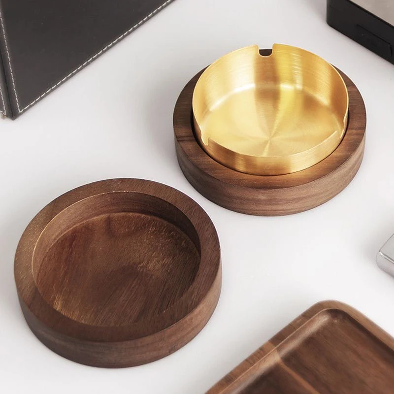 Ceniceros creativos con revestimiento de acero inoxidable, ceniceros de madera de nogal para interiores con tapa, Cenicero para cenizas con mosca, Cenicero para sala de estar