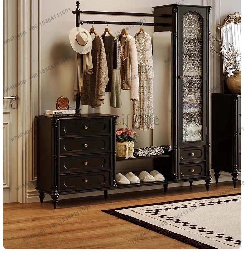 

American retro style all-solid wood chest, coat rack integrated with full-length mirror, hanger for storage