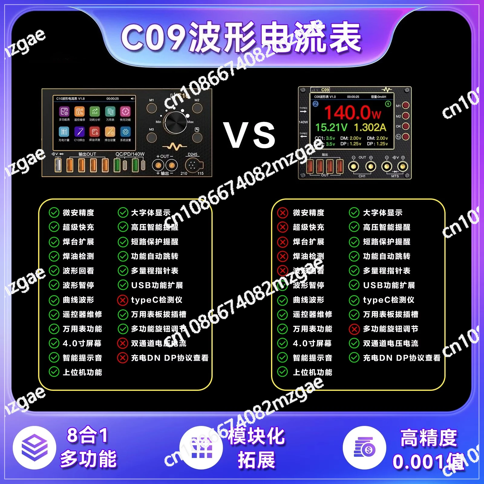 مقياس التيار الكهربائي C09، شاشة عرض منحنية للمؤشر، كشف التيار والجهد، مقياس متعدد لإمداد الطاقة، الشاشة الثانوية