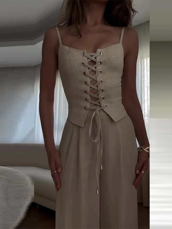 

Faionable Women's Susp Wide Leg Pants Set Strapl Long Pants Ne No Sve Summer Outfit Two-Piece Suit