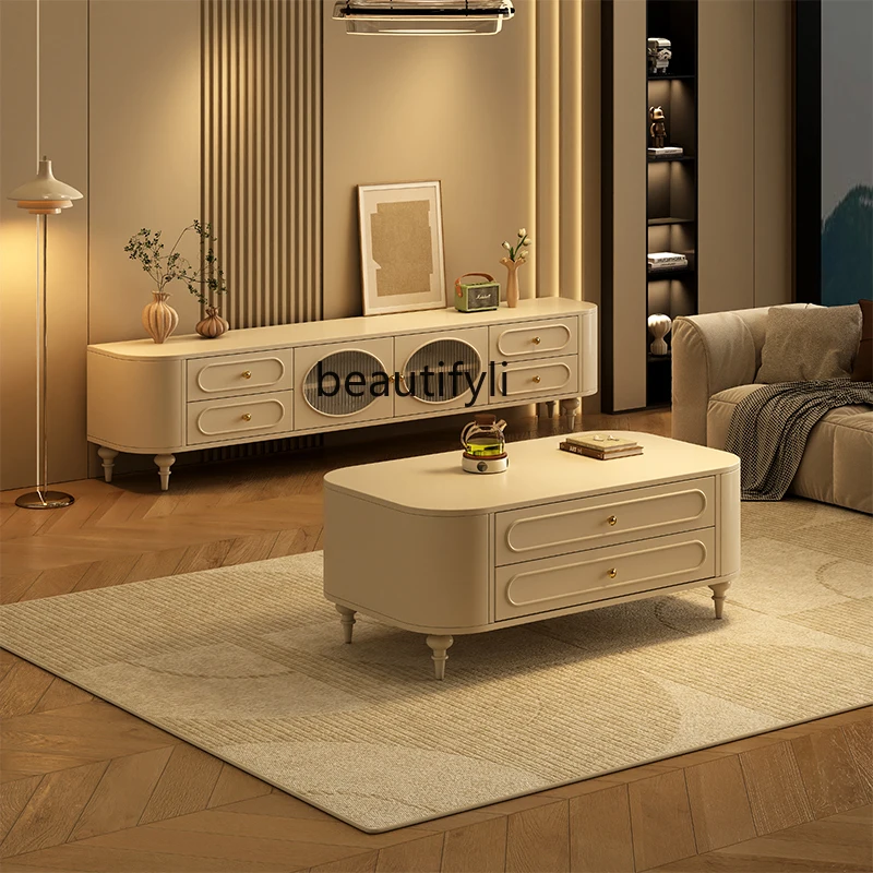 American Light Luxury Style TV Cabinet and Tea Table Combination Living Room Chest of Drawer Storage Household Solid Wood