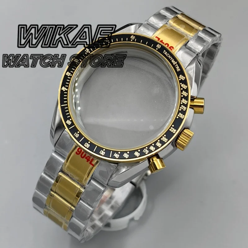 40mm VK63 Two tone Gold Moon Watch Case Black Gold Insert With Coated Glass For VK63 Quartz Chronograph Movement Watch Part