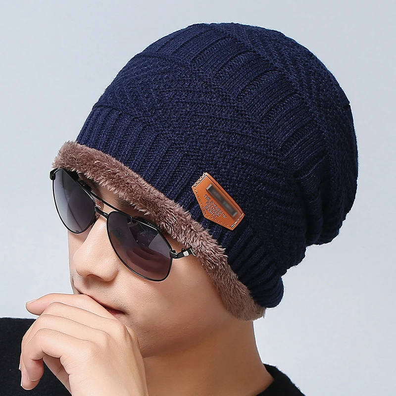 Winter Knitted Hat Thick Beanies Warm Hats For Men Outdoor Cycling Riding Ski Windproof Crochet Hat Velvet Caps