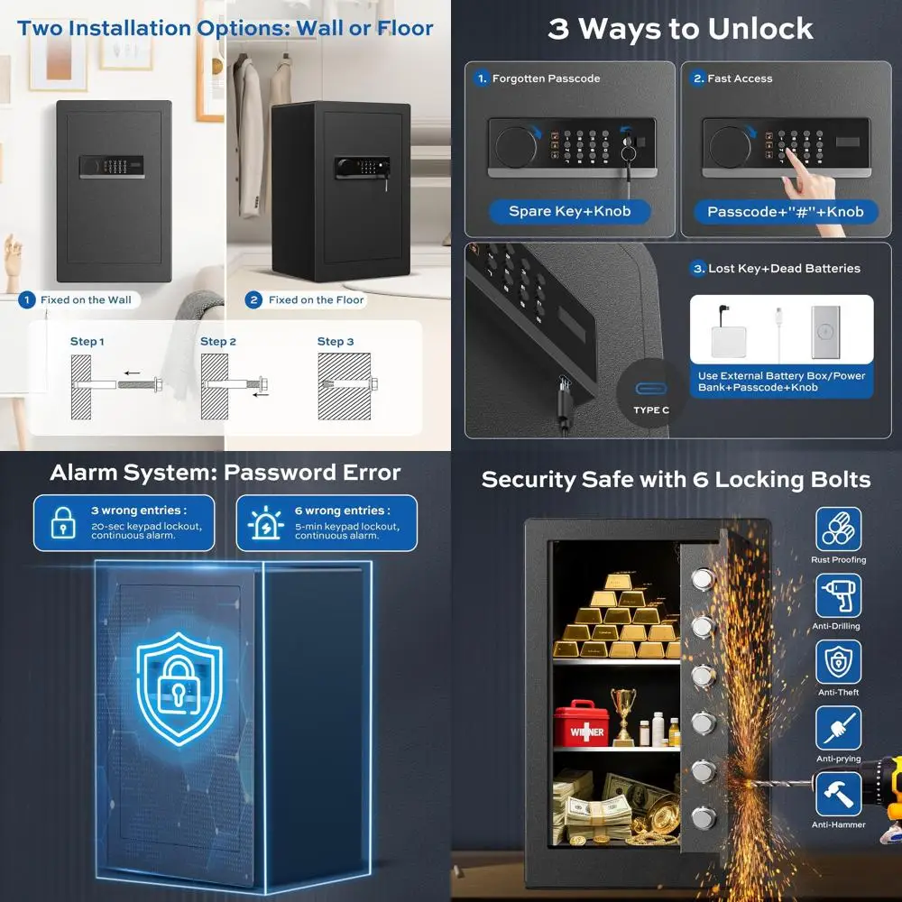 

Стальной сейф с LED-подсветкой, 6 замками, съемными полками и умными оповещениями для дома или офиса