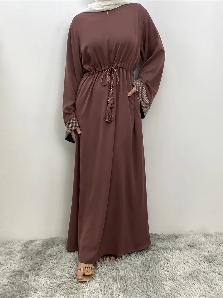 فستان نسائي برباط مرصع بالألماس مع جيب، رمضان، عربي، الشرق الأوسط، مغربي، مسلم، أزياء فاخرة، ساخن