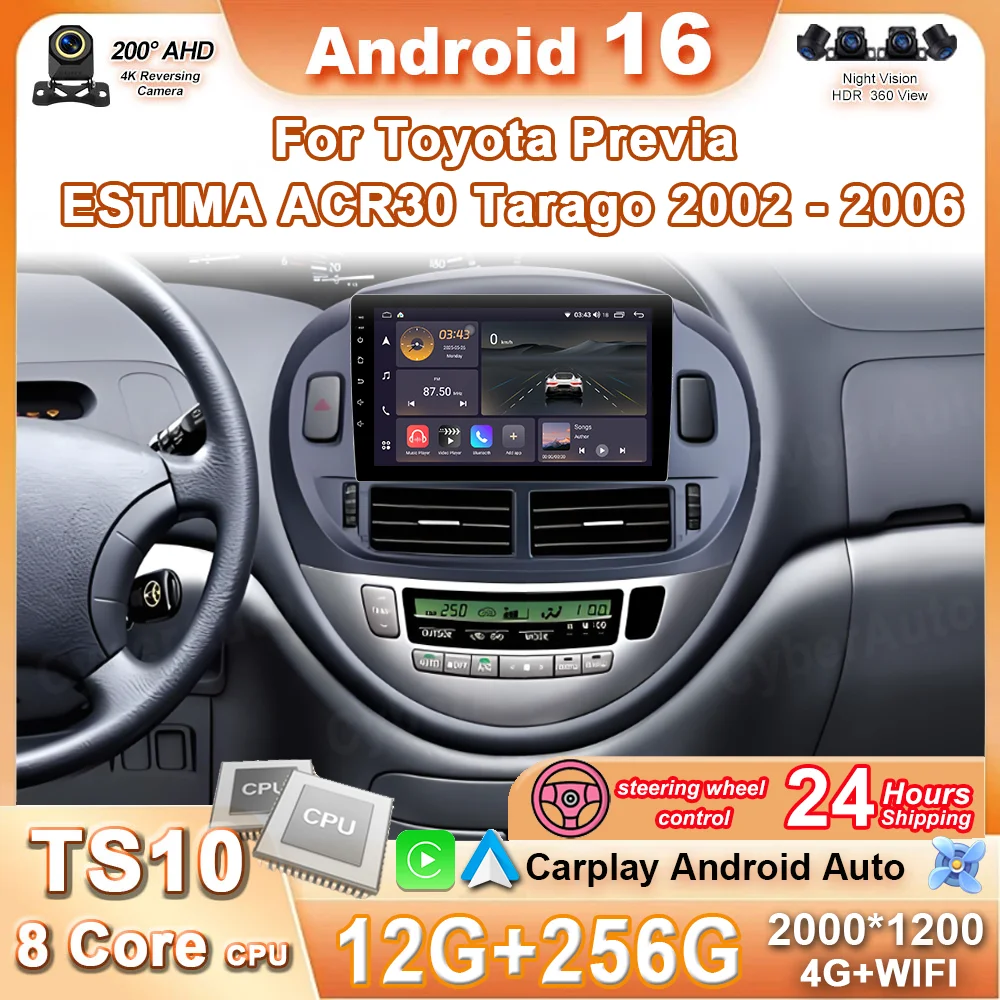 

Автомагнитола Android 16 для Toyota Previa ESTIMA ACR30 Tarago 2002-2006, QLED, GPS, 4G, BT, Carplay