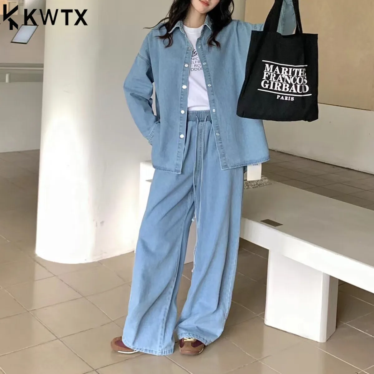 

KWTX Women 2 Piece Set Spring Summer Casual Solid Color Single Breasted Lapel Collar Shirt Drawstring Wide Leg Pants Designer