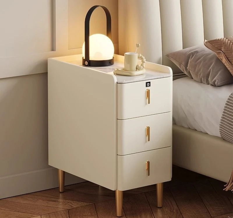 Nightstand with 3 Drawers, Small Bedside Table with Solid Wood Legs and Smart Stone Top,  End Table Station for Small Bedroom