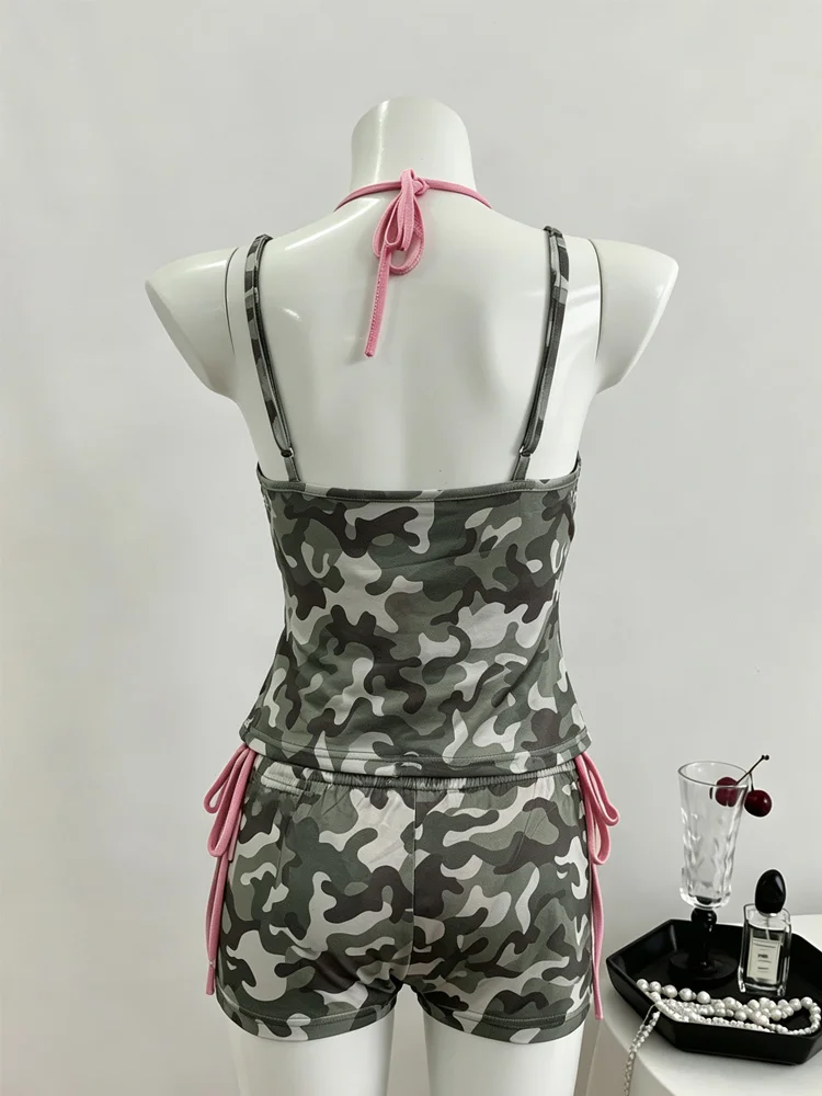 Summer Women Y2K Aesthetic Beach Camo Print Eyelet Lace‑Up Spaghetti Strap Cami Top Side Tie Shorts 4 Piece Set