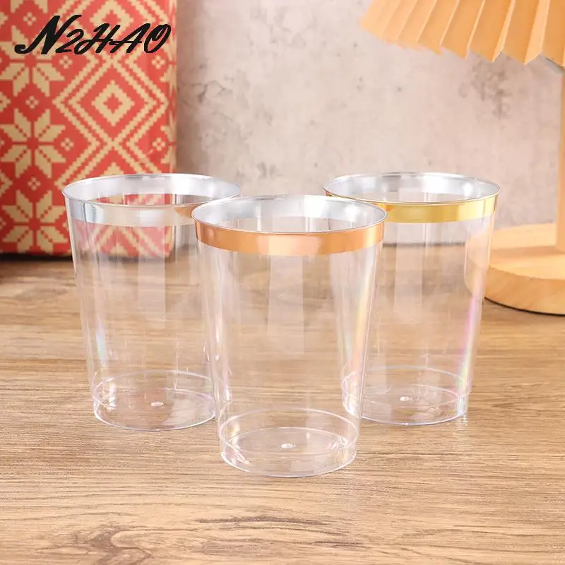 10pcs Transparent Plastic Rim Gold Rim Cup Golden Plastic Rim Cup 10oz Hard Disposable Cup Plastic Wine Party Wedding