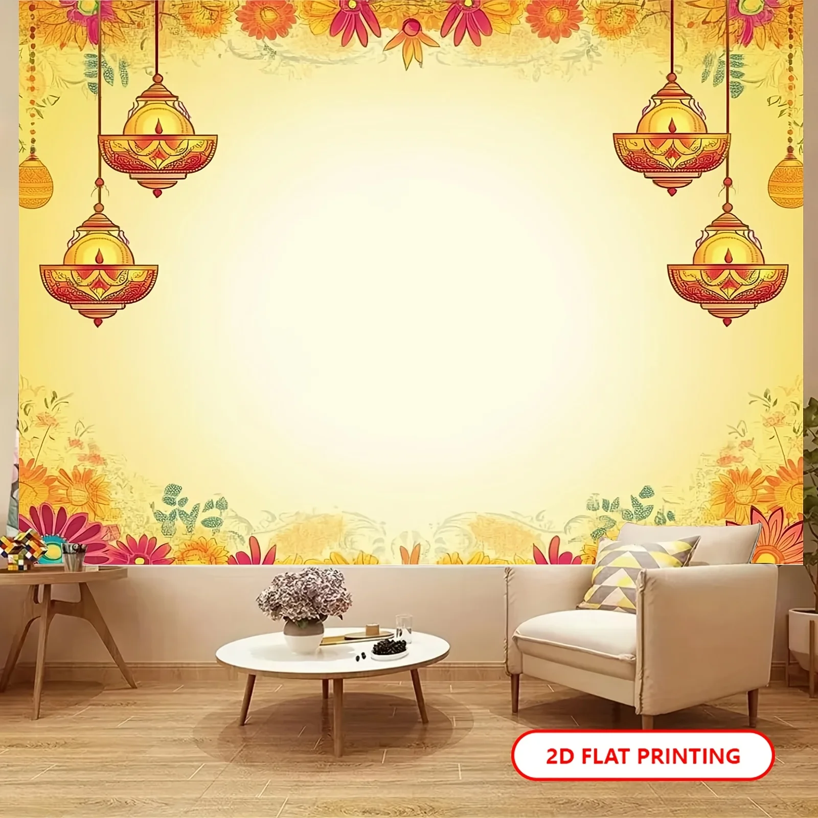 لافتة خلفية لمهرجان ديوالي 1PC2D - تصميم فانوس ونمط زهور على الطراز الهندي للحفلات، لا يتطلب كهرباء - wsj