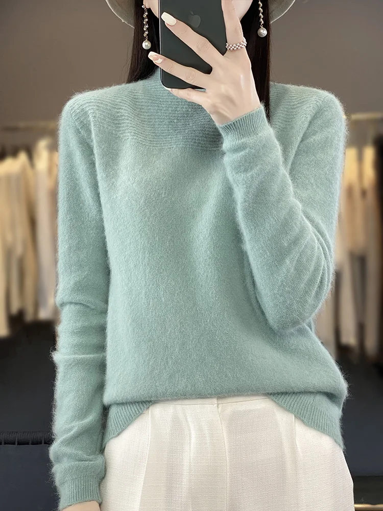 100% Mink Cashmere Pullovers Women's Knitted Sweater Mock-neck Long Sleeve Jumper Autumn Winter Soft Warm Female Clothing Top