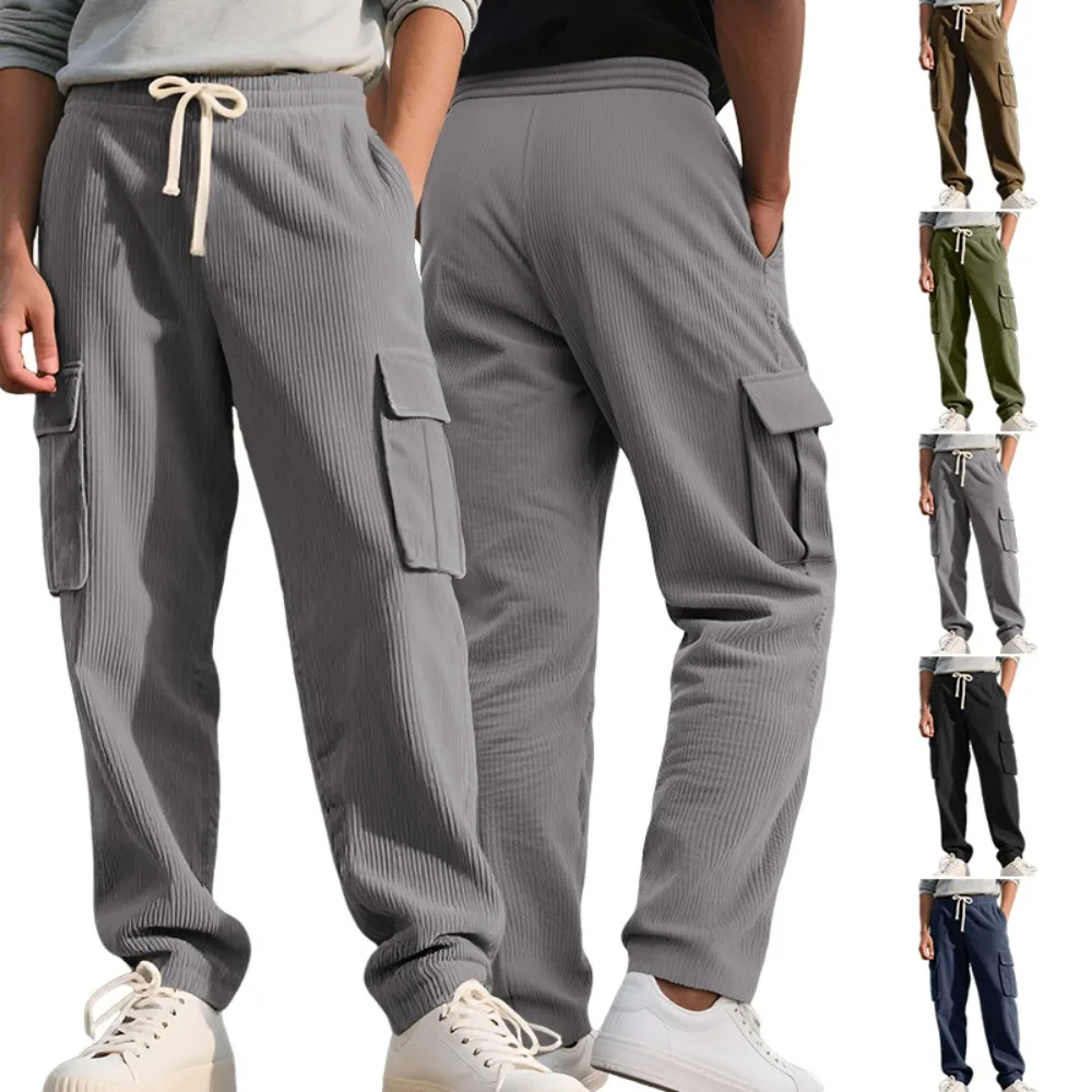 

New Autumn Corduroy Trousers For Men Vintage Straight Leg Casual Pants Pockets Design Drawstring Waist Casual Loose Cargo Pants