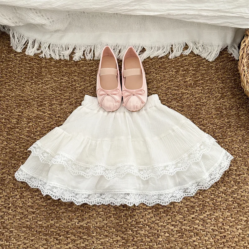deer jonmi 2024 Summer New Korean Style Baby Girls Lace Layered Skirts Solid Color Toddlers Kids Princess White Skirt