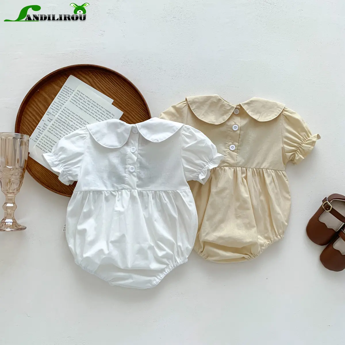 Cotton Summer Newborn Baby Girls Short Sleeve Embroidery Flower Peter Pan Collar Outwear Infant Kids Jumpsuits Toddler Bodysuit